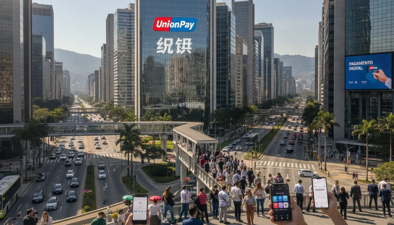 Avenida movimentada na China com publicidade de UnionPay e Pix. | Imagine Company - Agência de Marketing e Vendas em Goiânia - GO - BRASIL