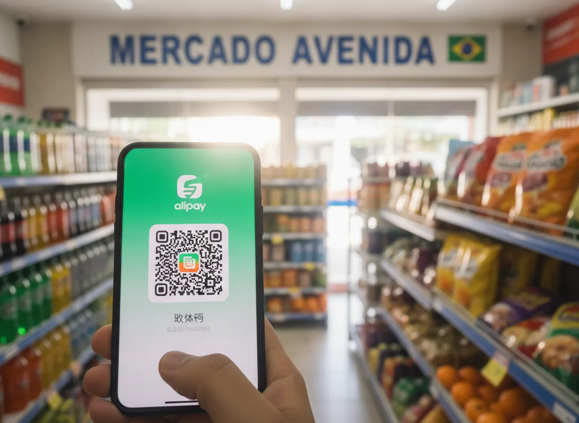 Pessoa usando Alipay com QR Code em supermercado no Brasil. | Imagine Company - Agência de Marketing e Vendas em Goiânia - GO - BRASIL