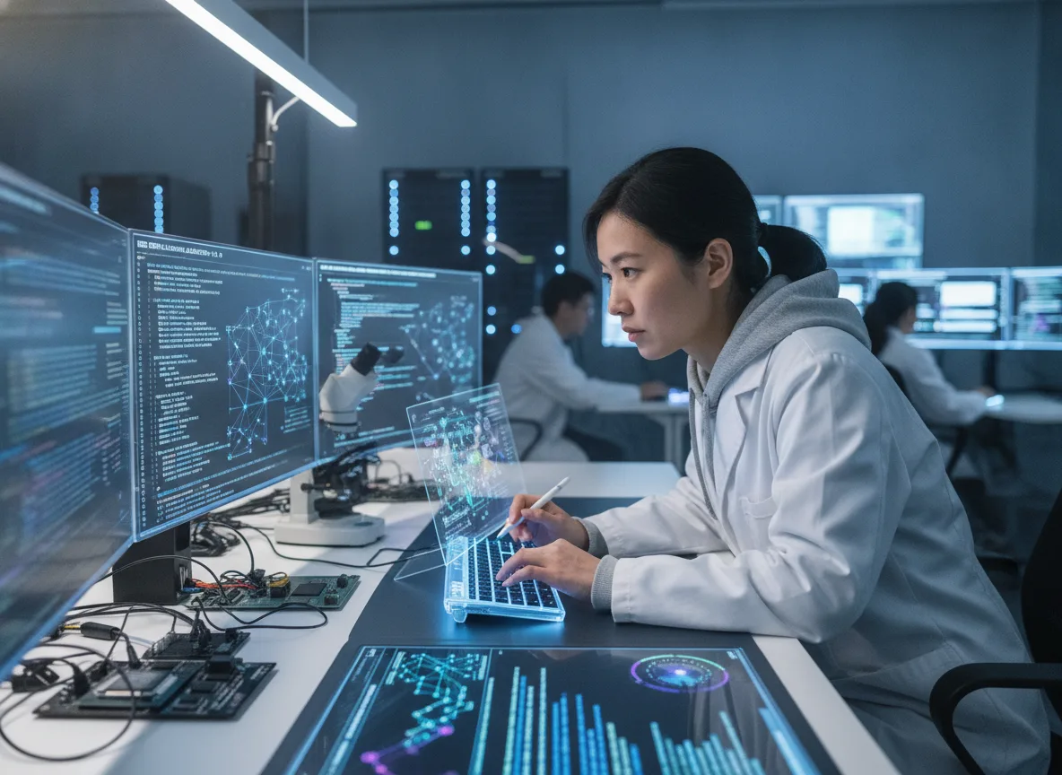 Cientista chinesa trabalhando em IA com múltiplas telas em laboratório | Imagine Company - Agência de Marketing e Vendas em Goiânia - GO - BRASIL
