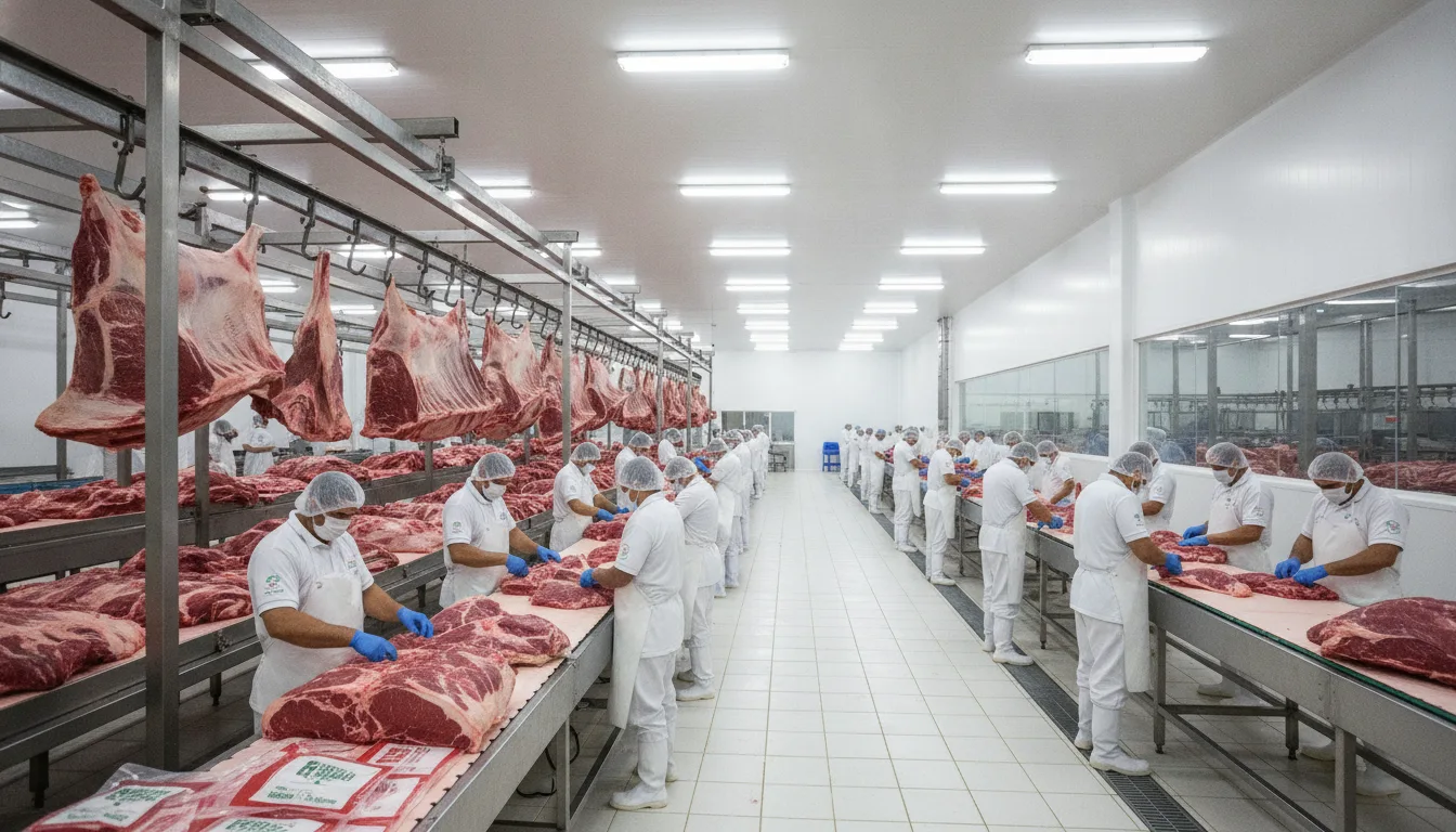 Funcionários processando carne em planta brasileira aprovada para exportação. | Imagine Company - Agência de Marketing e Vendas em Goiânia - GO - BRASIL