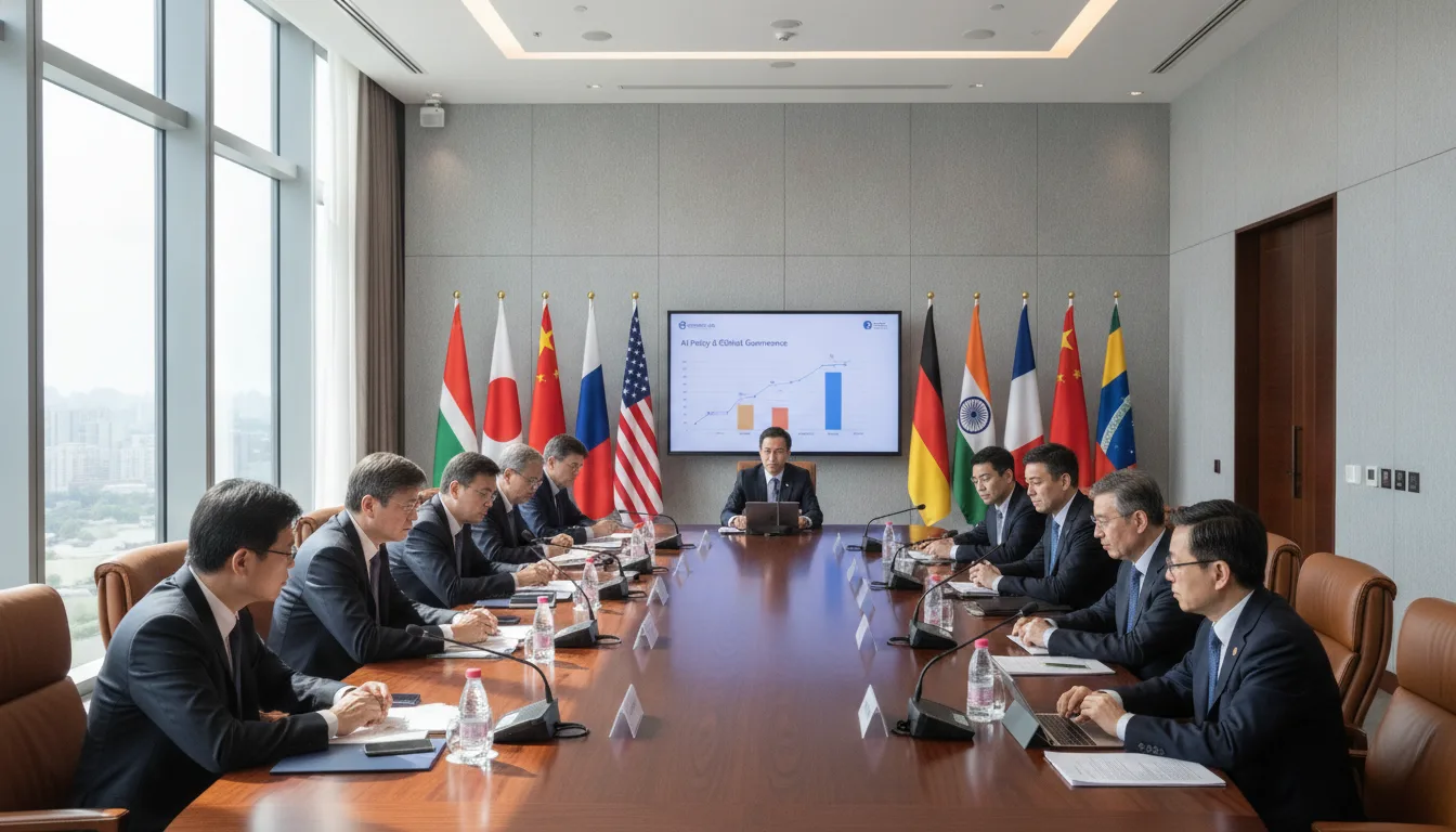 Mesa de reunião com delegações internacionais discutindo inteligência artificial, bandeiras de vários países ao fundo | Imagine Company - Agência de Marketing e Vendas em Goiânia - GO - BRASIL
