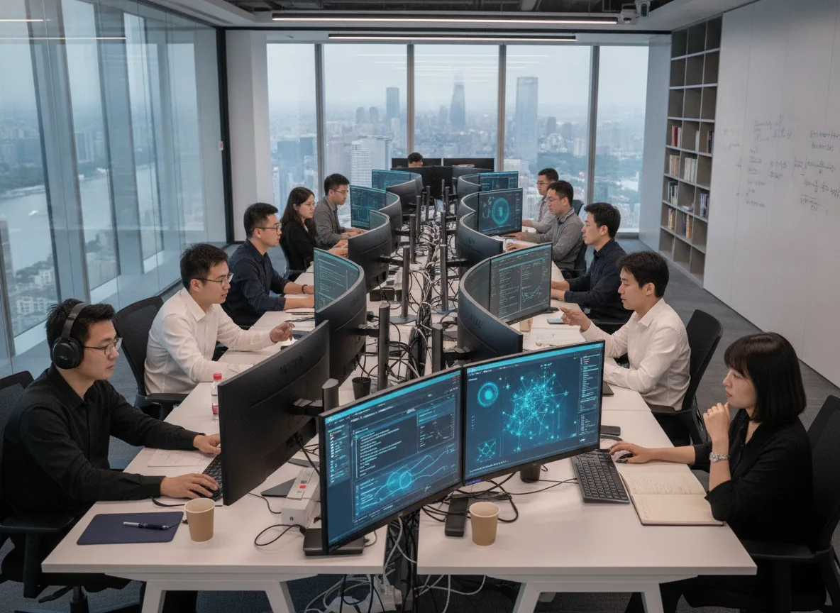 Profissionais de TI em escritório moderno na China, focados em telas de computador com gráficos de IA | Imagine Company - Agência de Marketing e Vendas em Goiânia - GO - BRASIL