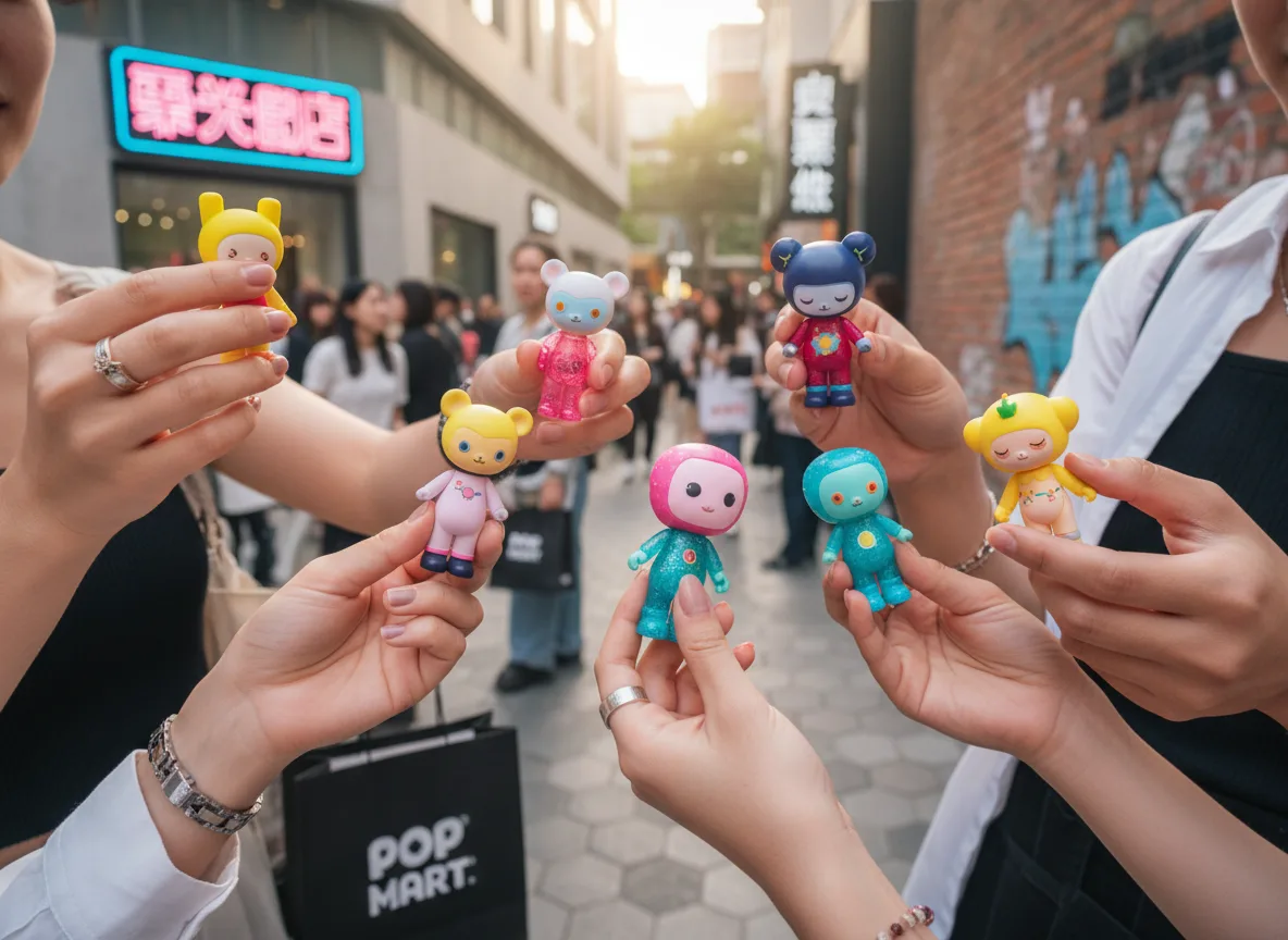 Mãos segurando brinquedos Pop Mart em rua chinesa, simbolizando cultura jovem | Imagine Company - Agência de Marketing e Vendas em Goiânia - GO - BRASIL