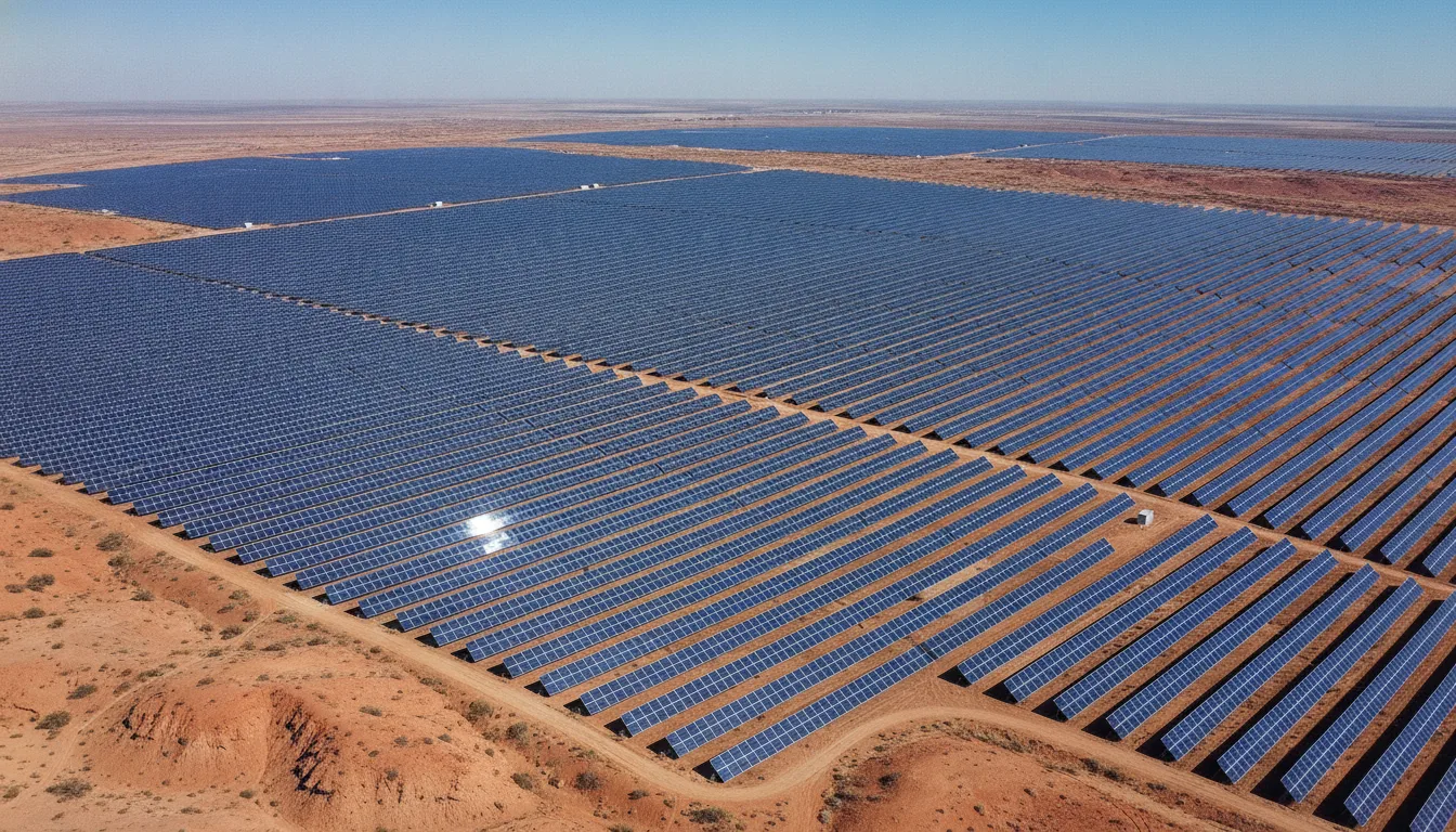 Vista aérea de vasto campo de painéis solares no deserto chinês | Imagine Company - Agência de Marketing e Vendas em Goiânia - GO - BRASIL