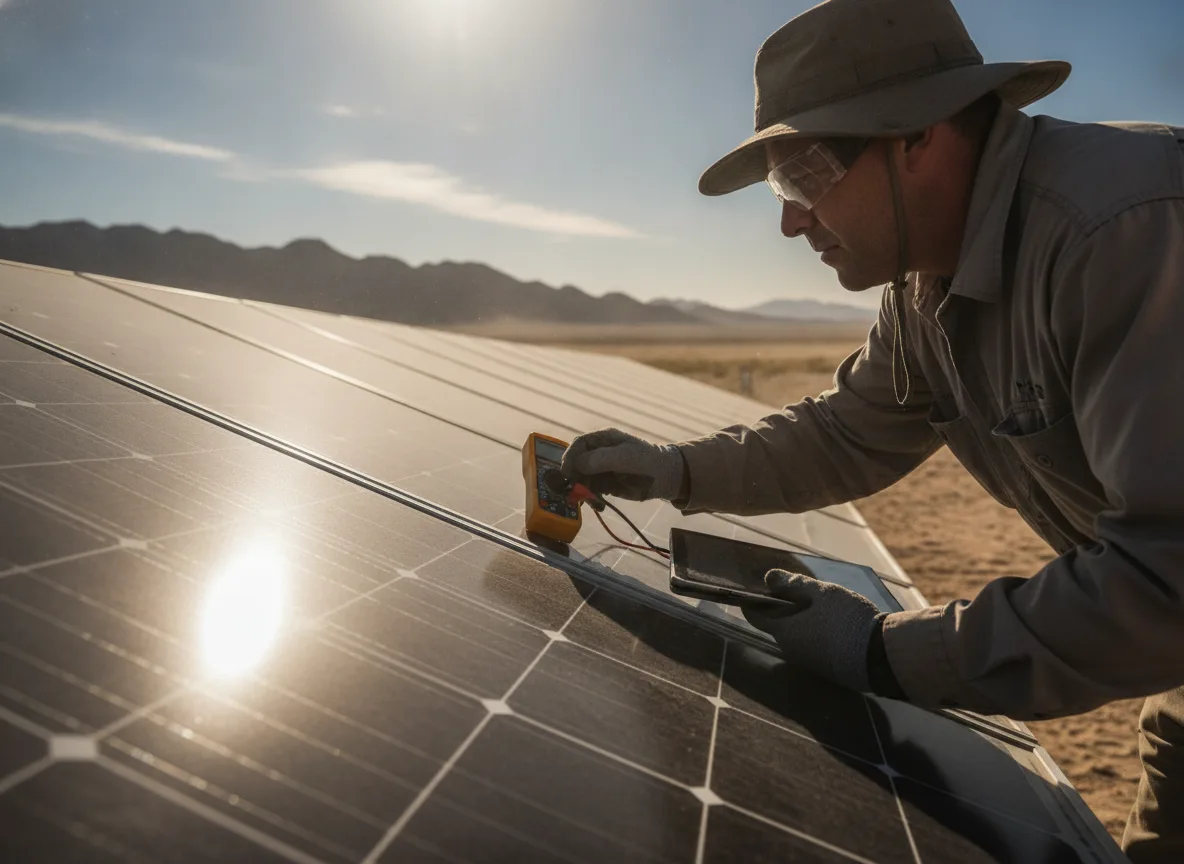 Engenheiro inspeciona painéis solares no deserto da China. | Imagine Company - Agência de Marketing e Vendas em Goiânia - GO - BRASIL