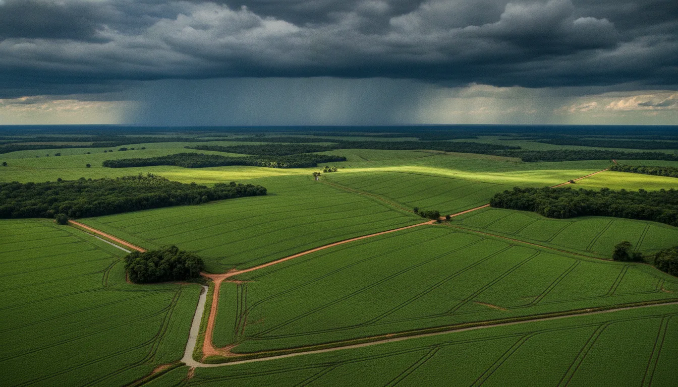 Campo verde sob nuvens escuras de chuva no Centro-Sul do Brasil | Imagine Company - Agência de Marketing e Vendas em Goiânia - GO - BRASIL