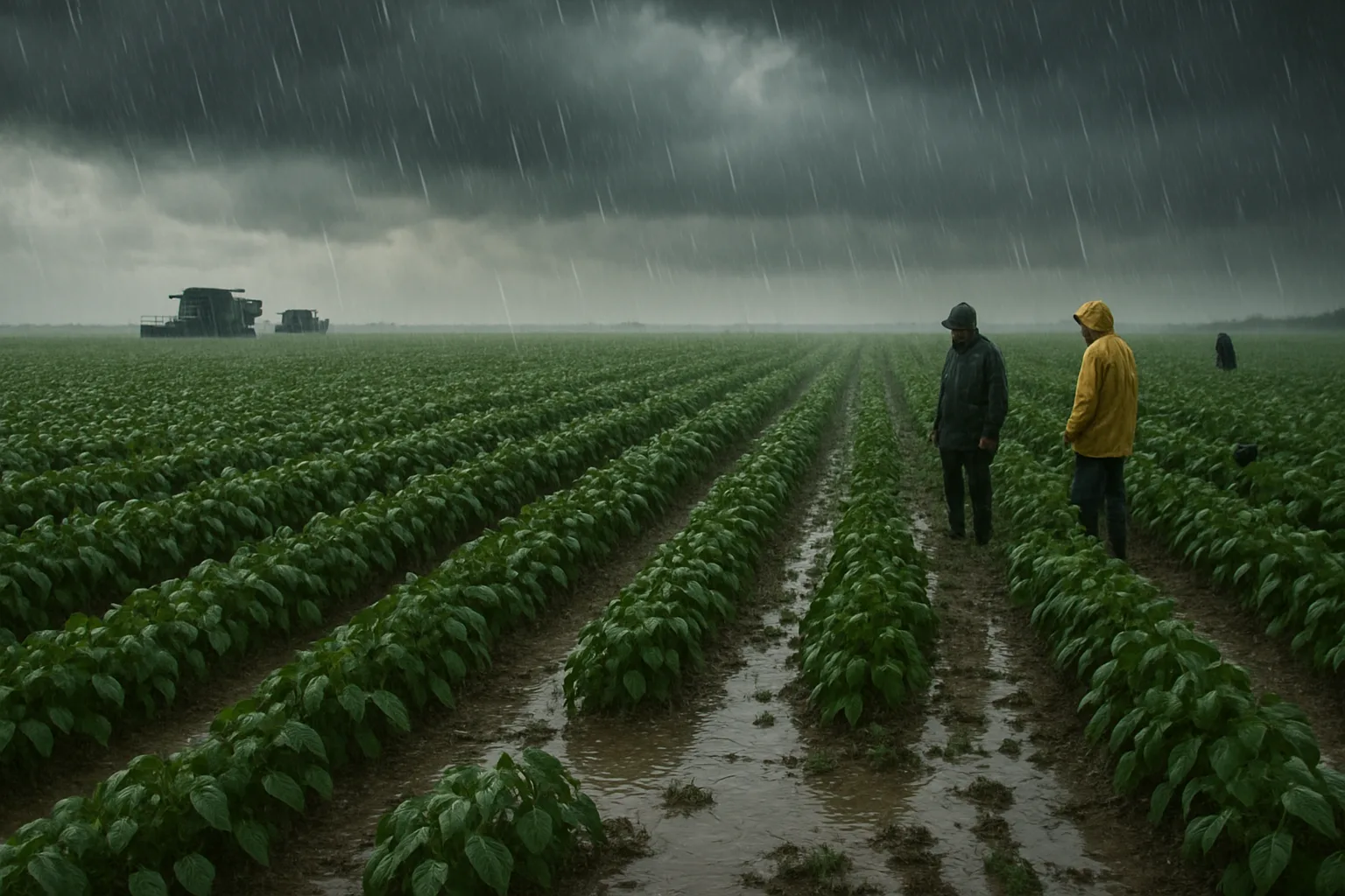 Pessoas em campo de soja sob chuva intensa, solo alagado | Imagine Company - Agência de Marketing e Vendas em Goiânia - GO - BRASIL