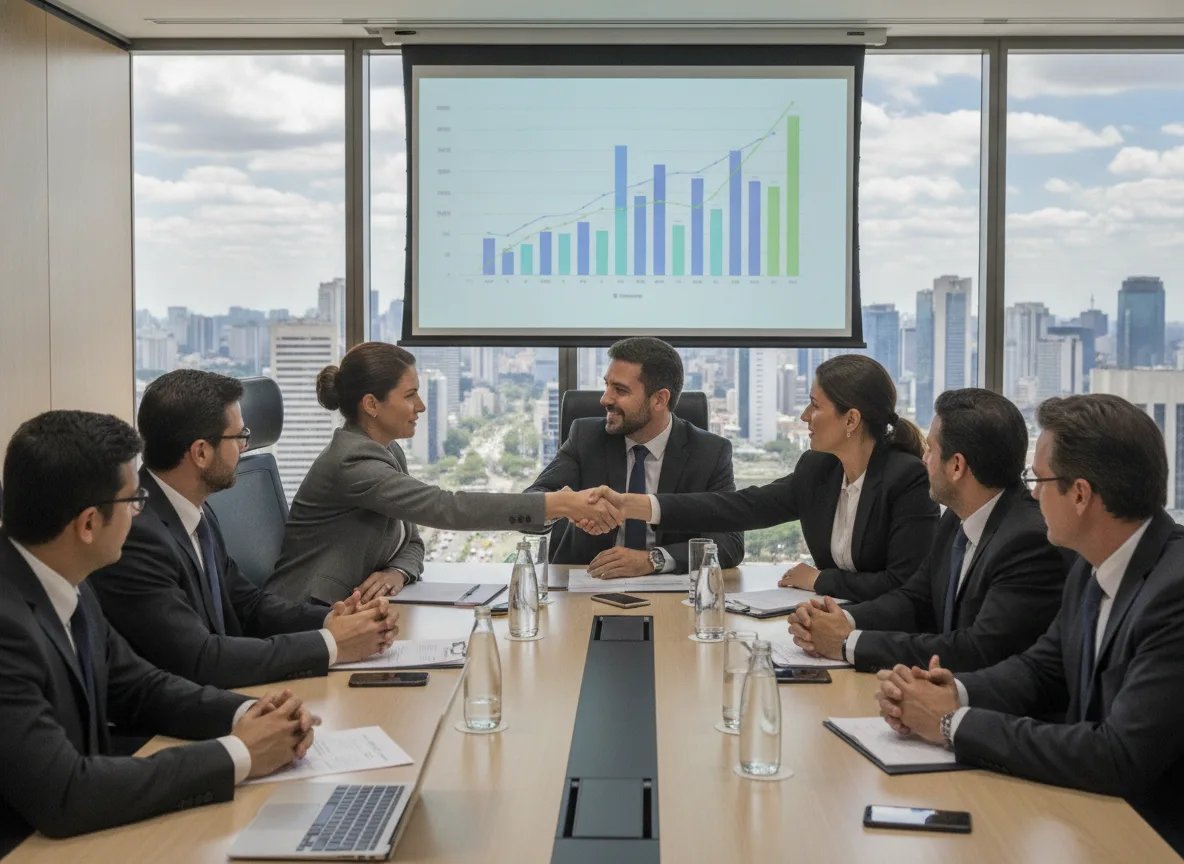 Executivos em reunião selando acordo com aperto de mãos, gráfico de crescimento ao fundo | Imagine Company - Agência de Marketing e Vendas em Goiânia - GO - BRASIL