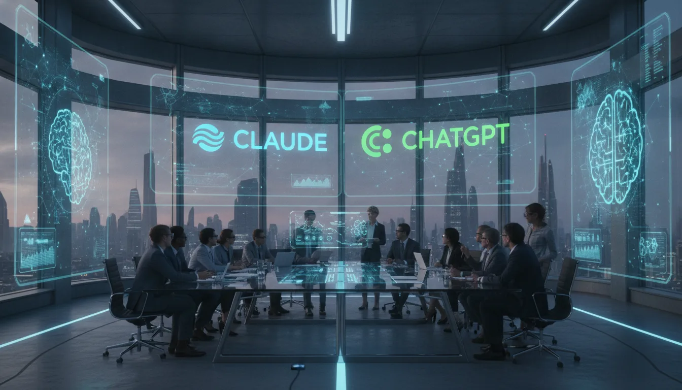 Sala de conferência com executivos discutindo IA, logotipos Claude e ChatGPT projetados | Imagine Company - Agência de Marketing e Vendas em Goiânia - GO - BRASIL