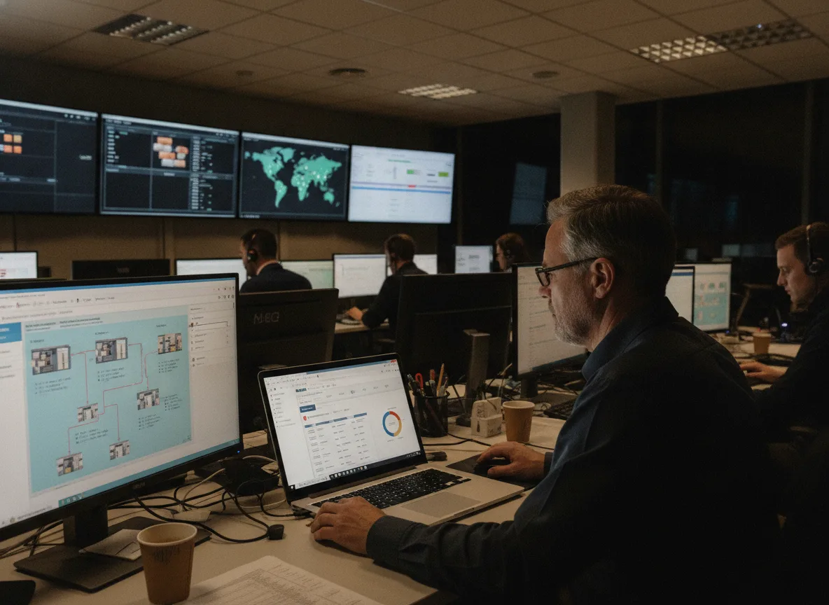 Profissionais de TI em centro de operações monitorando telas com dados e mapas | Imagine Company - Agência de Marketing e Vendas em Goiânia - GO - BRASIL