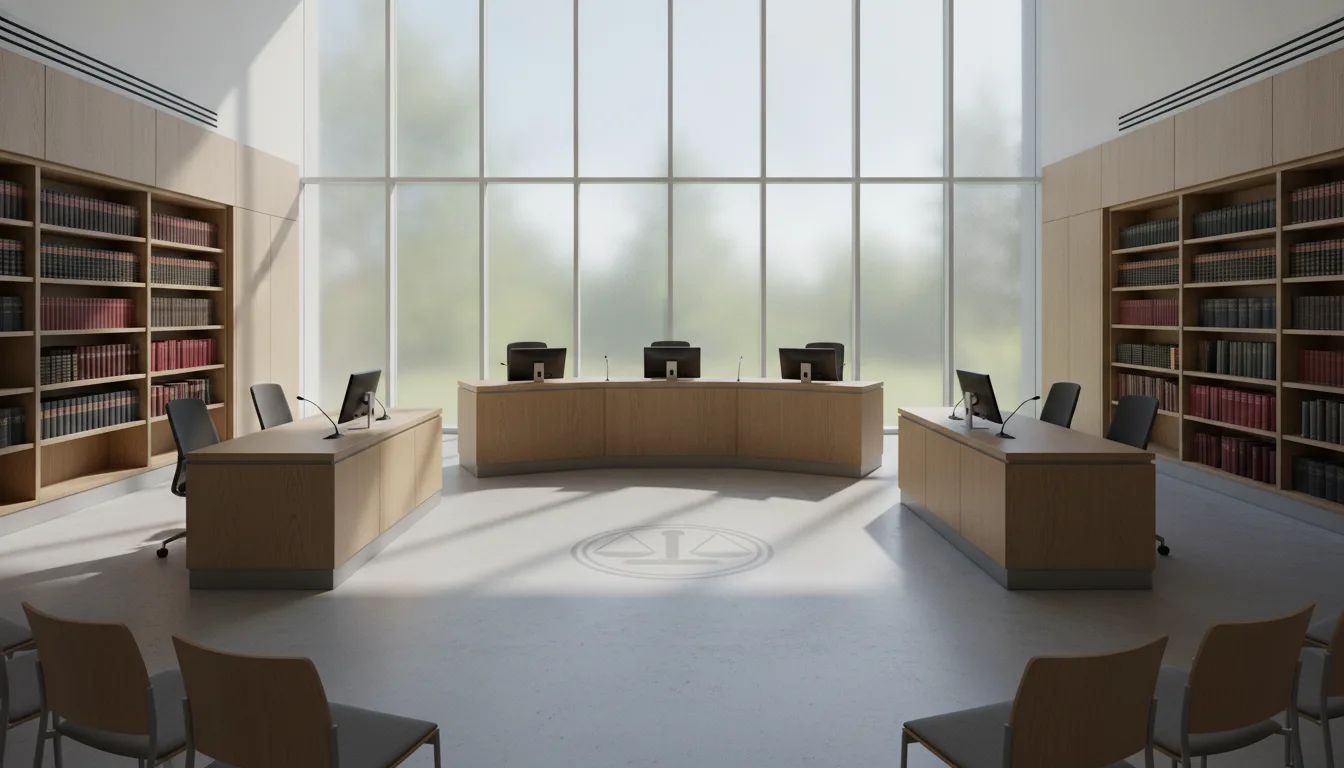 Sala de tribunal com mesas e cadeiras em ambiente iluminado por janelas grandes | Imagine Company - Agência de Marketing e Vendas em Goiânia - GO - BRASIL