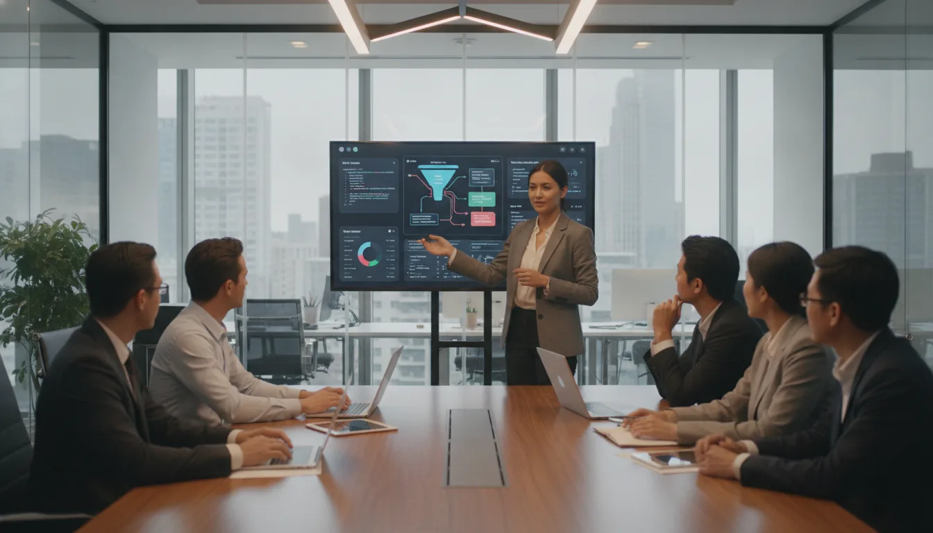 Profissional de marketing apresenta estratégias de IA em reunião corporativa. | Imagine Company - Agência de Marketing e Vendas em Goiânia - GO - BRASIL
