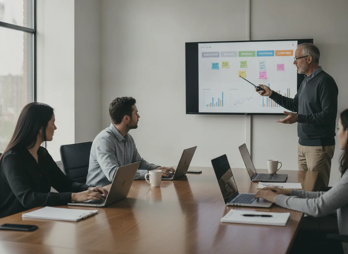 Pessoas em reunião analisando gráficos de vendas em uma apresentação | Imagine Company - Agência de Marketing e Vendas em Goiânia - GO - BRASIL