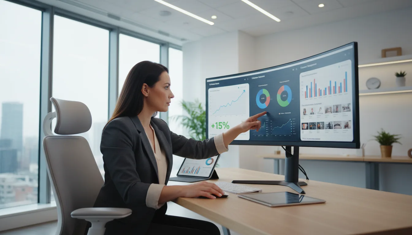 Mulher analisando gráficos de engajamento em redes sociais em um escritório moderno. | Imagine Company - Agência de Marketing e Vendas em Goiânia - GO - BRASIL