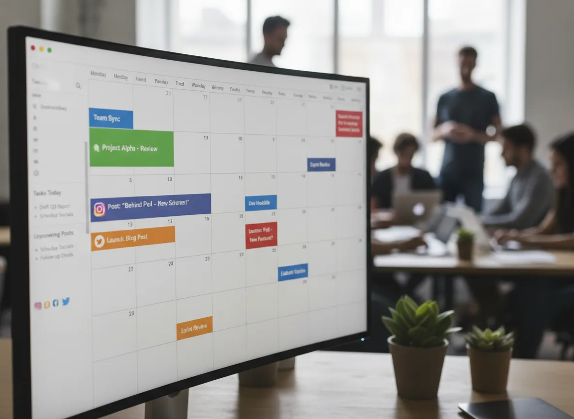 Monitor exibindo calendário editorial de redes sociais com equipe ao fundo | Imagine Company - Agência de Marketing e Vendas em Goiânia - GO - BRASIL