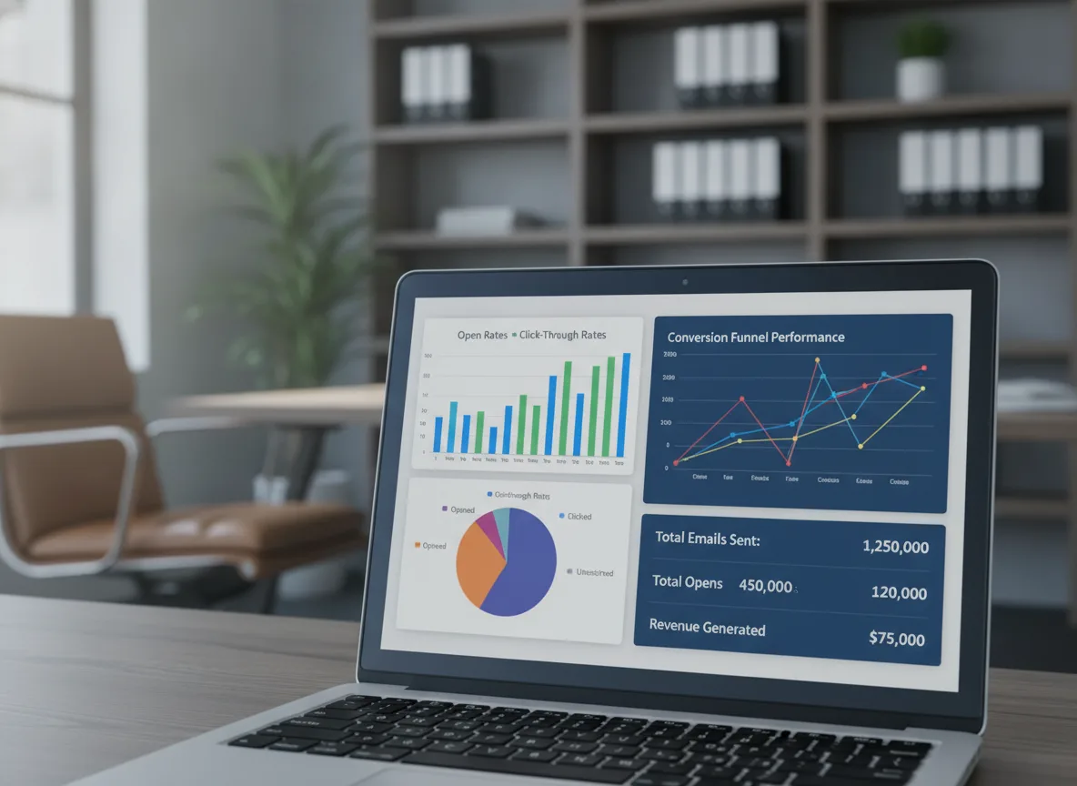 Laptop exibindo gráficos de desempenho de campanha de e-mail marketing em um escritório | Imagine Company - Agência de Marketing e Vendas em Goiânia - GO - BRASIL
