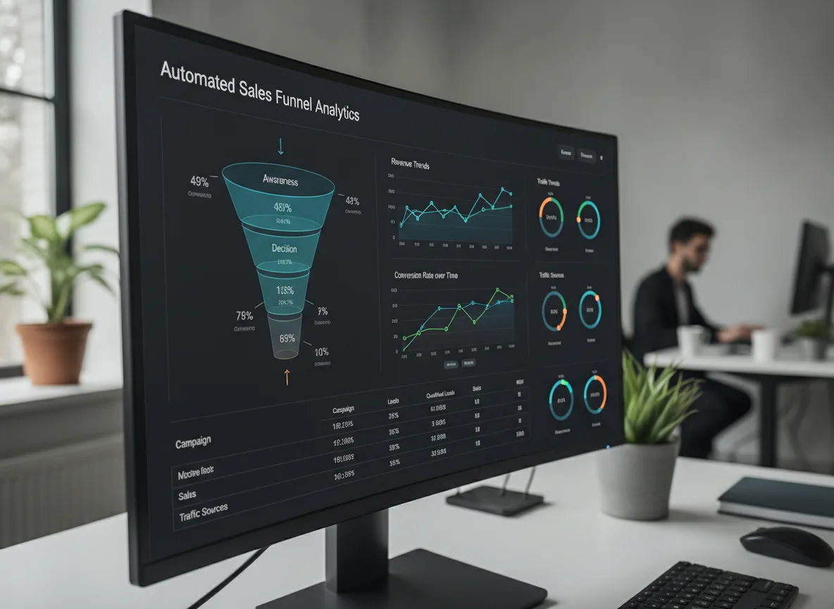 Monitor exibindo gráficos de funil de vendas automatizado em e-commerce | Imagine Company - Agência de Marketing e Vendas em Goiânia - GO - BRASIL