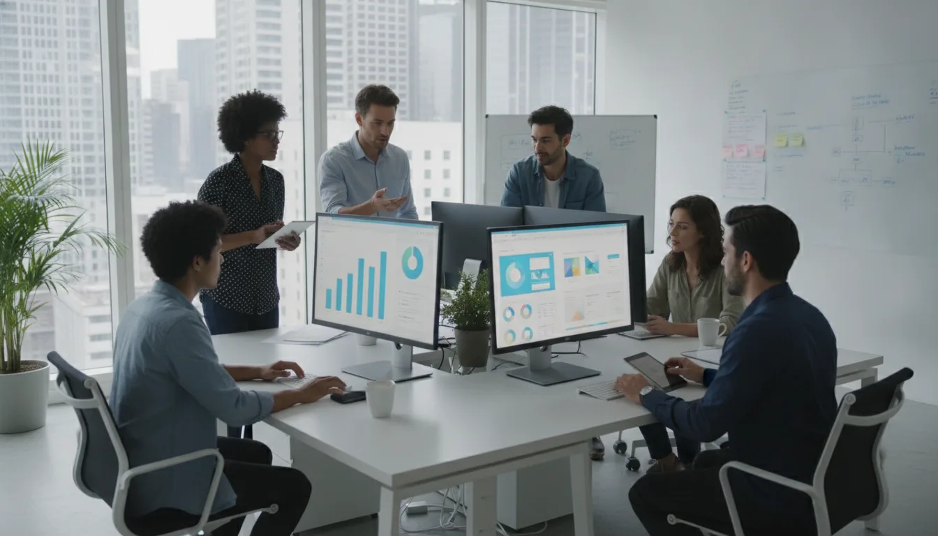 Pessoas em reunião analisando gráficos de desempenho em monitores | Imagine Company - Agência de Marketing e Vendas em Goiânia - GO - BRASIL