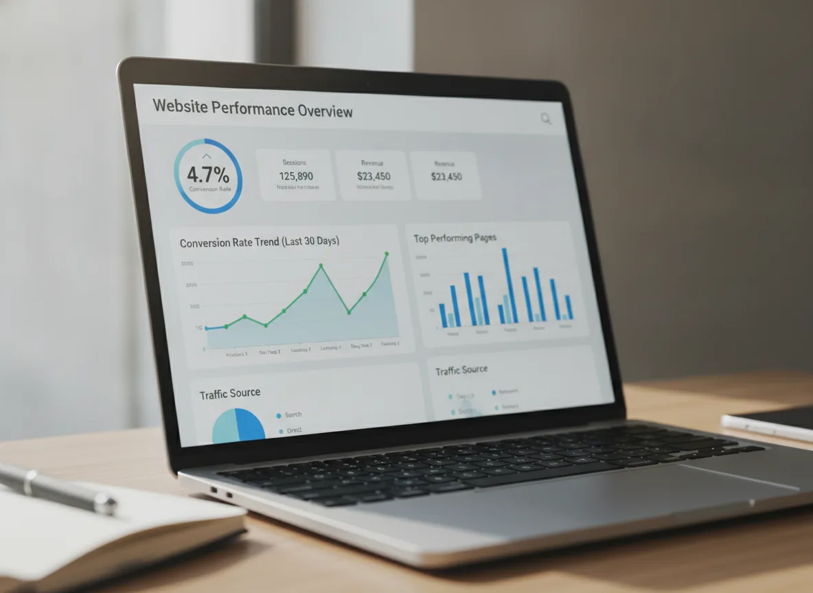 Laptop exibindo gráficos de desempenho de site e conversão. | Imagine Company - Agência de Marketing e Vendas em Goiânia - GO - BRASIL