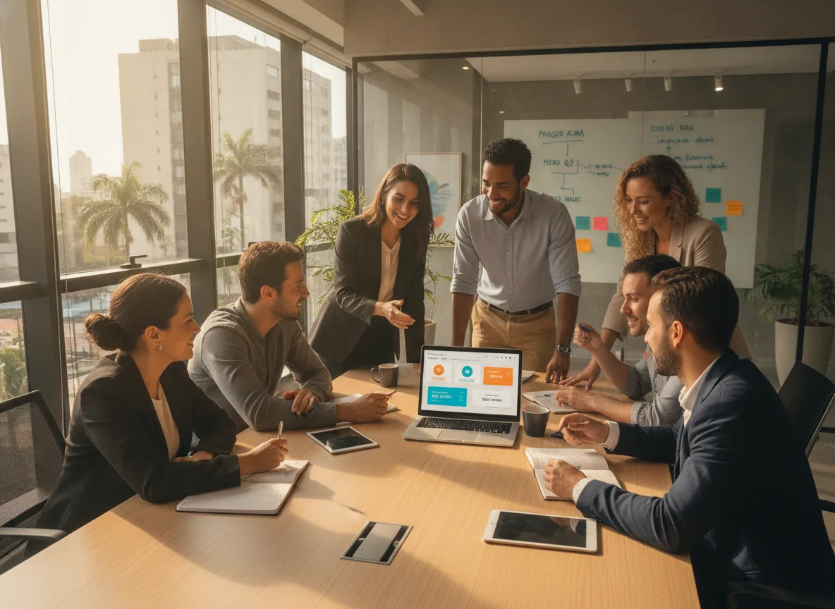 Grupo de profissionais em reunião analisando dados em laptop | Imagine Company - Agência de Marketing e Vendas em Goiânia - GO - BRASIL