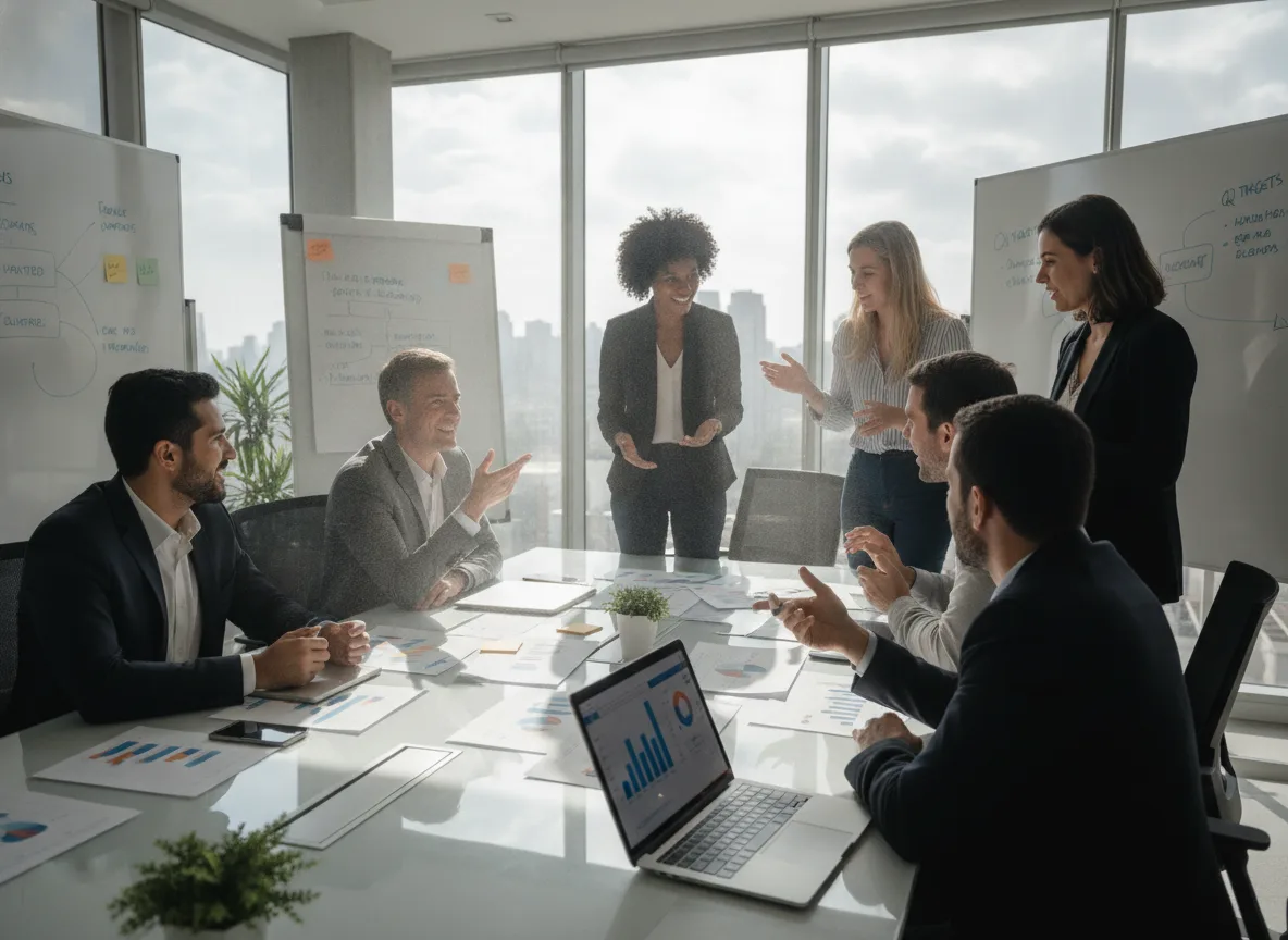 Grupo de profissionais em reunião discutindo estratégias de vendas com gráficos em sala de conferência | Imagine Company - Agência de Marketing e Vendas em Goiânia - GO - BRASIL