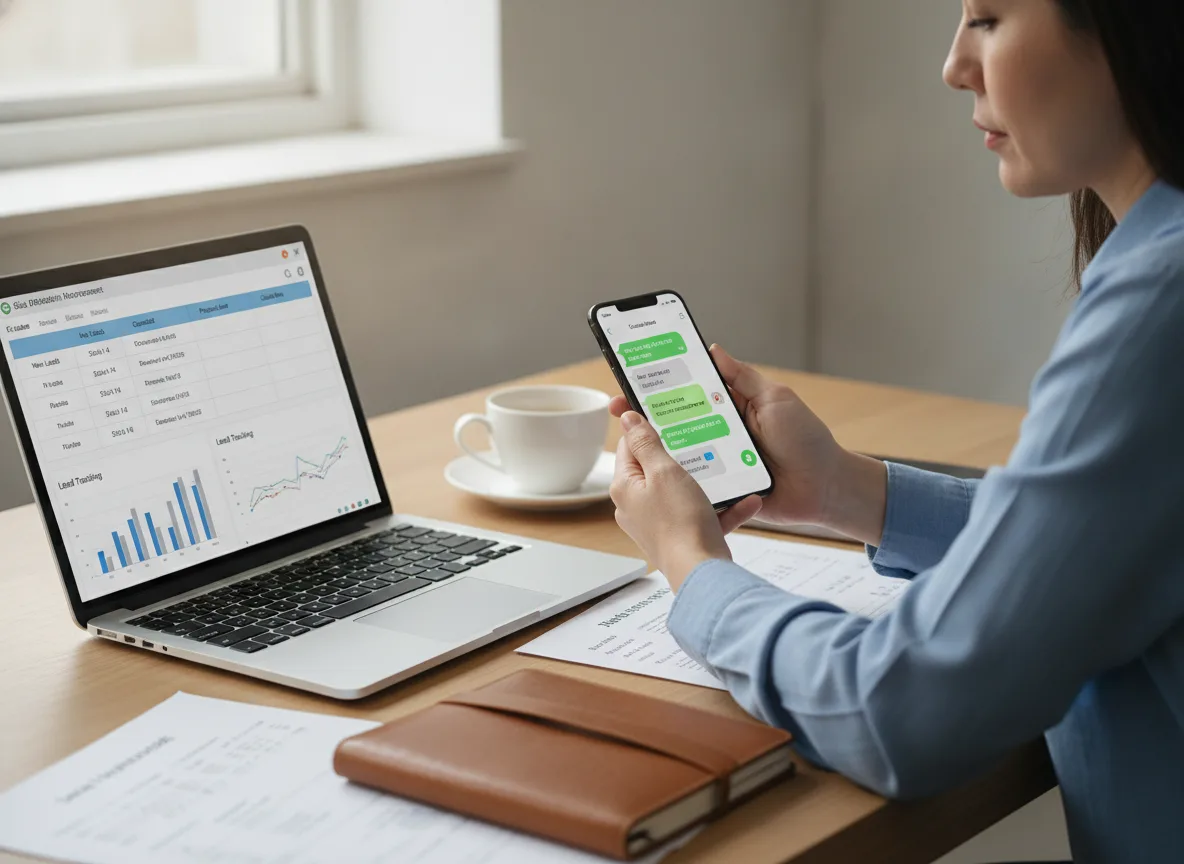 Mulher fazendo follow up de vendas com smartphone e laptop em mesa de escritório | Imagine Company - Agência de Marketing e Vendas em Goiânia - GO - BRASIL