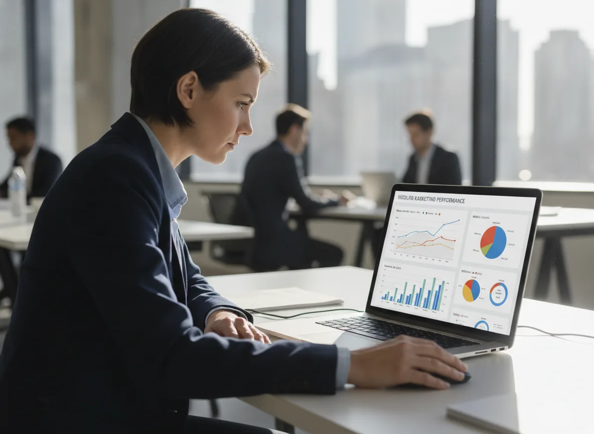 Mulher em escritório analisando gráficos de marketing em laptop. | Imagine Company - Agência de Marketing e Vendas em Goiânia - GO - BRASIL