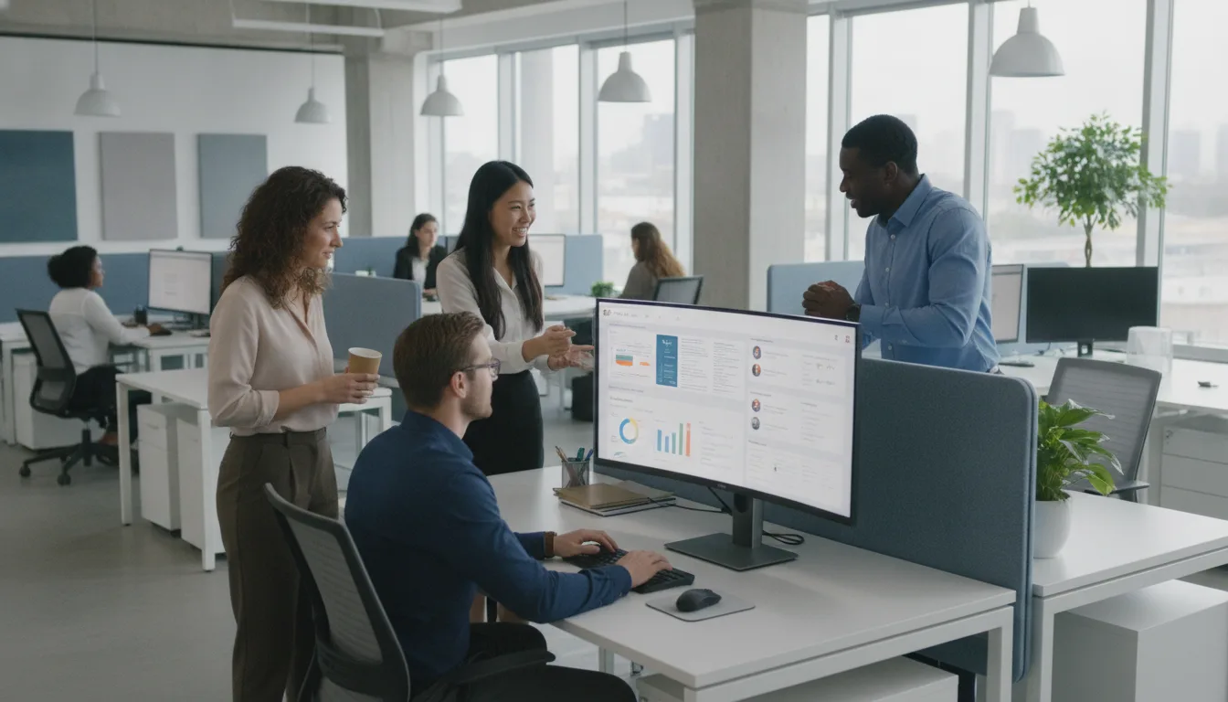 Equipe de escritório analisando sistema CRM em computadores, promovendo colaboração | Imagine Company - Agência de Marketing e Vendas em Goiânia - GO - BRASIL
