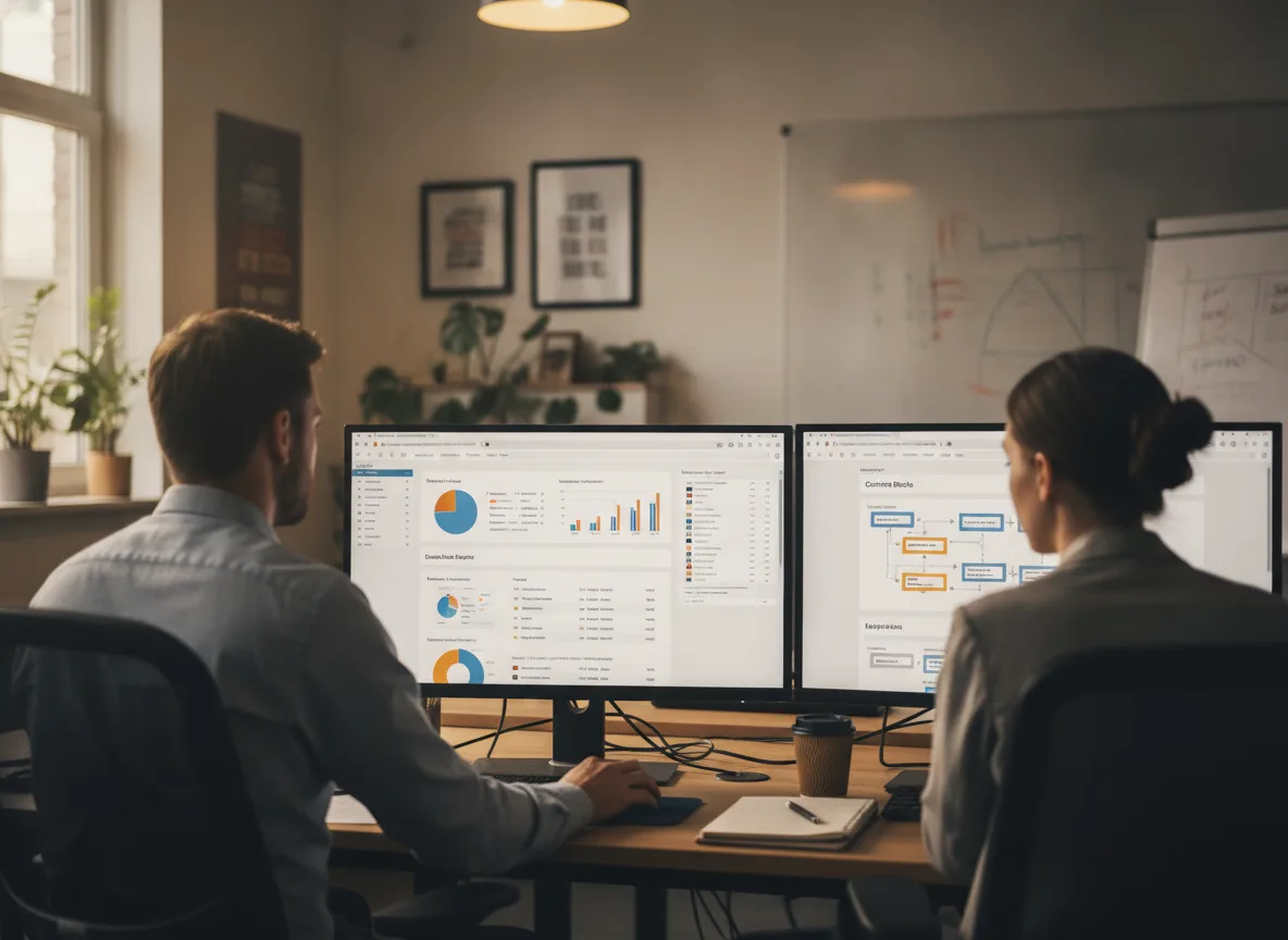Duas pessoas analisando gráficos de comércio digital em monitores duplos. | Imagine Company - Agência de Marketing e Vendas em Goiânia - GO - BRASIL