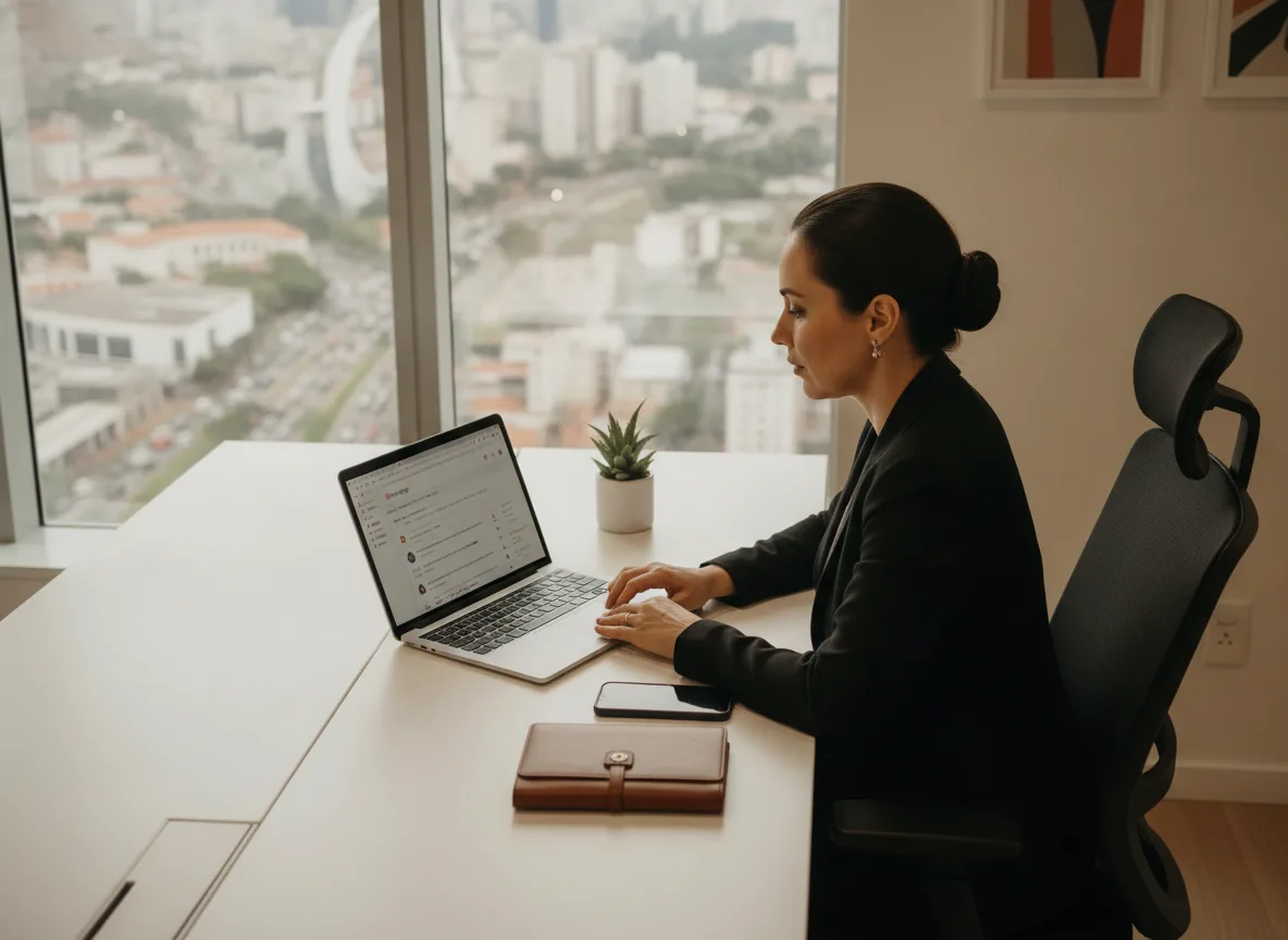 Mulher trabalhando em laptop em escritório com vista para a cidade | Imagine Company - Agência de Marketing e Vendas em Goiânia - GO - BRASIL