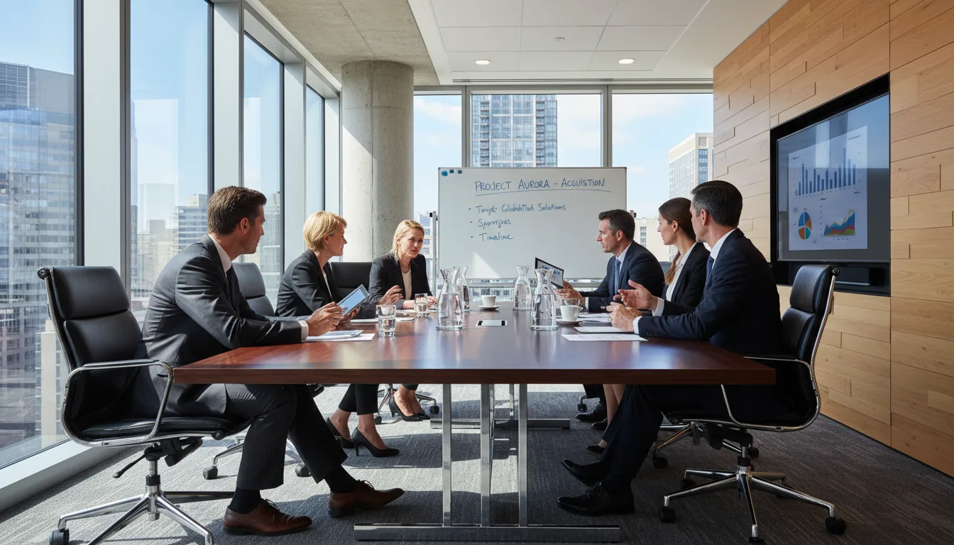 Executivos em reunião sobre M&A com gráfico e quadro branco ao fundo | Imagine Company - Agência de Marketing e Vendas em Goiânia - GO - BRASIL