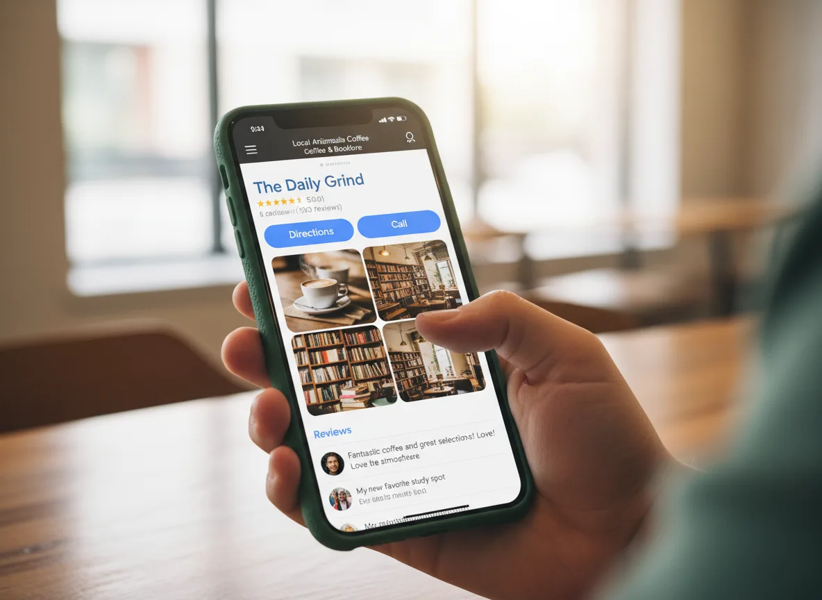 Pessoa segurando celular com Google Business aberto mostrando café local. | Imagine Company - Agência de Marketing e Vendas em Goiânia - GO - BRASIL