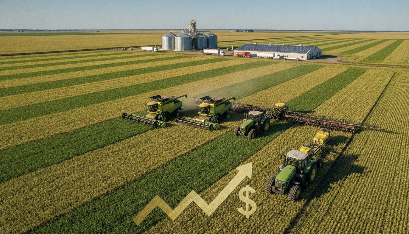 Tratores colhendo soja em campo com silos ao fundo, simbolizando alta do petróleo | Imagine Company - Agência de Marketing e Vendas em Goiânia - GO - BRASIL