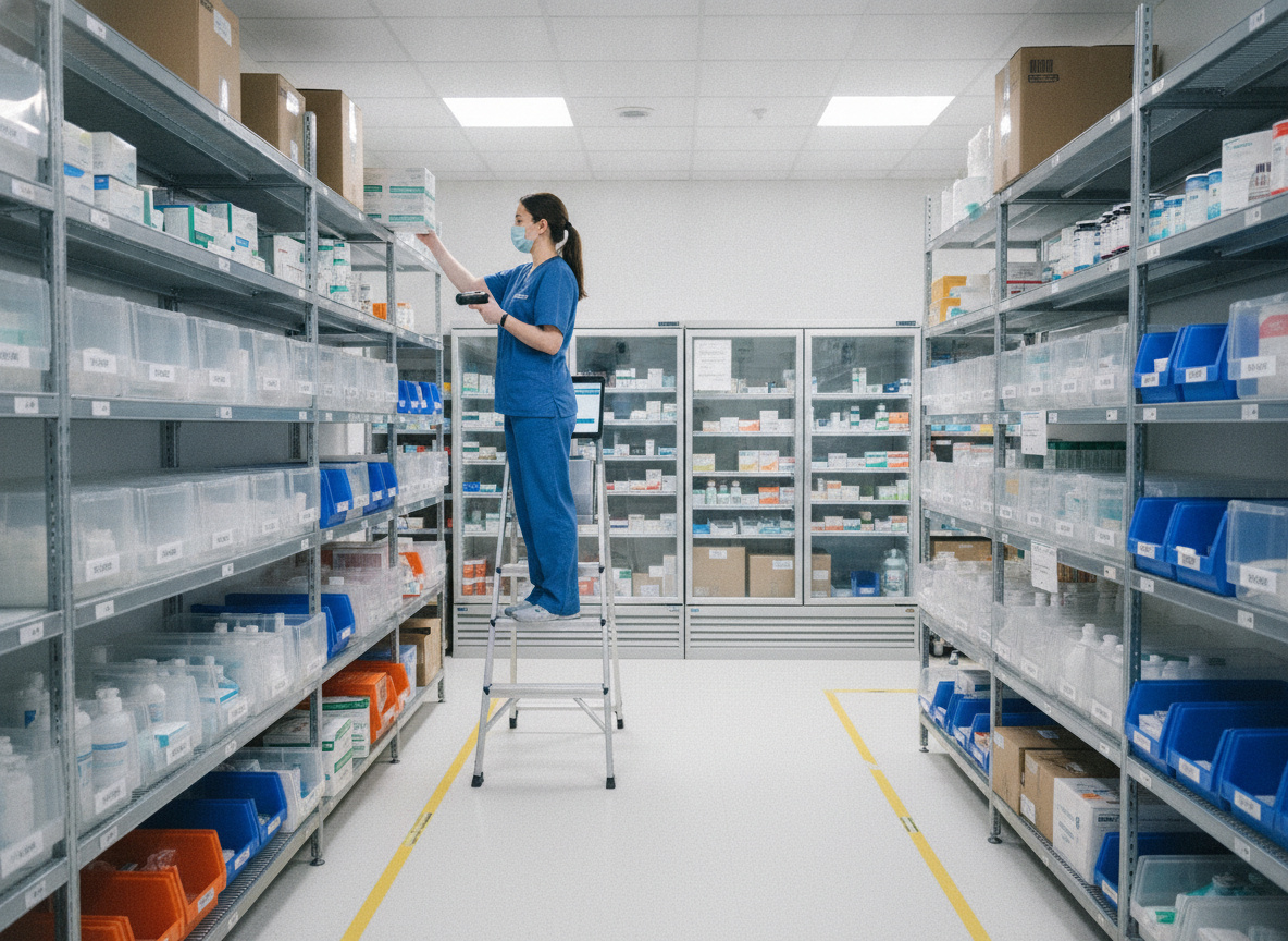 Profissional de saúde em escada organiza prateleiras de suprimentos hospitalares | Imagine Company - Agência de Marketing e Vendas em Goiânia - GO - BRASIL
