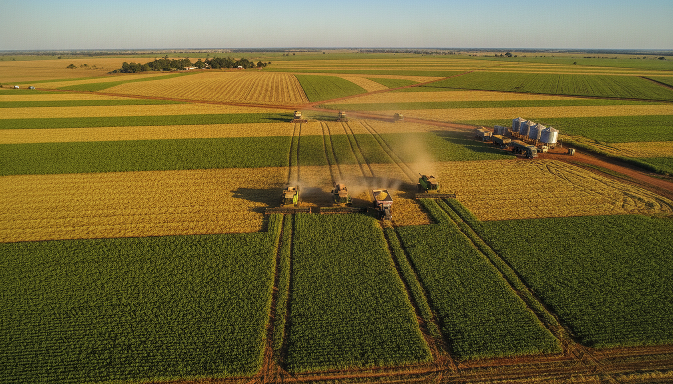 Máquinas agrícolas colhendo soja em grande campo no Brasil | Imagine Company - Agência de Marketing e Vendas em Goiânia - GO - BRASIL