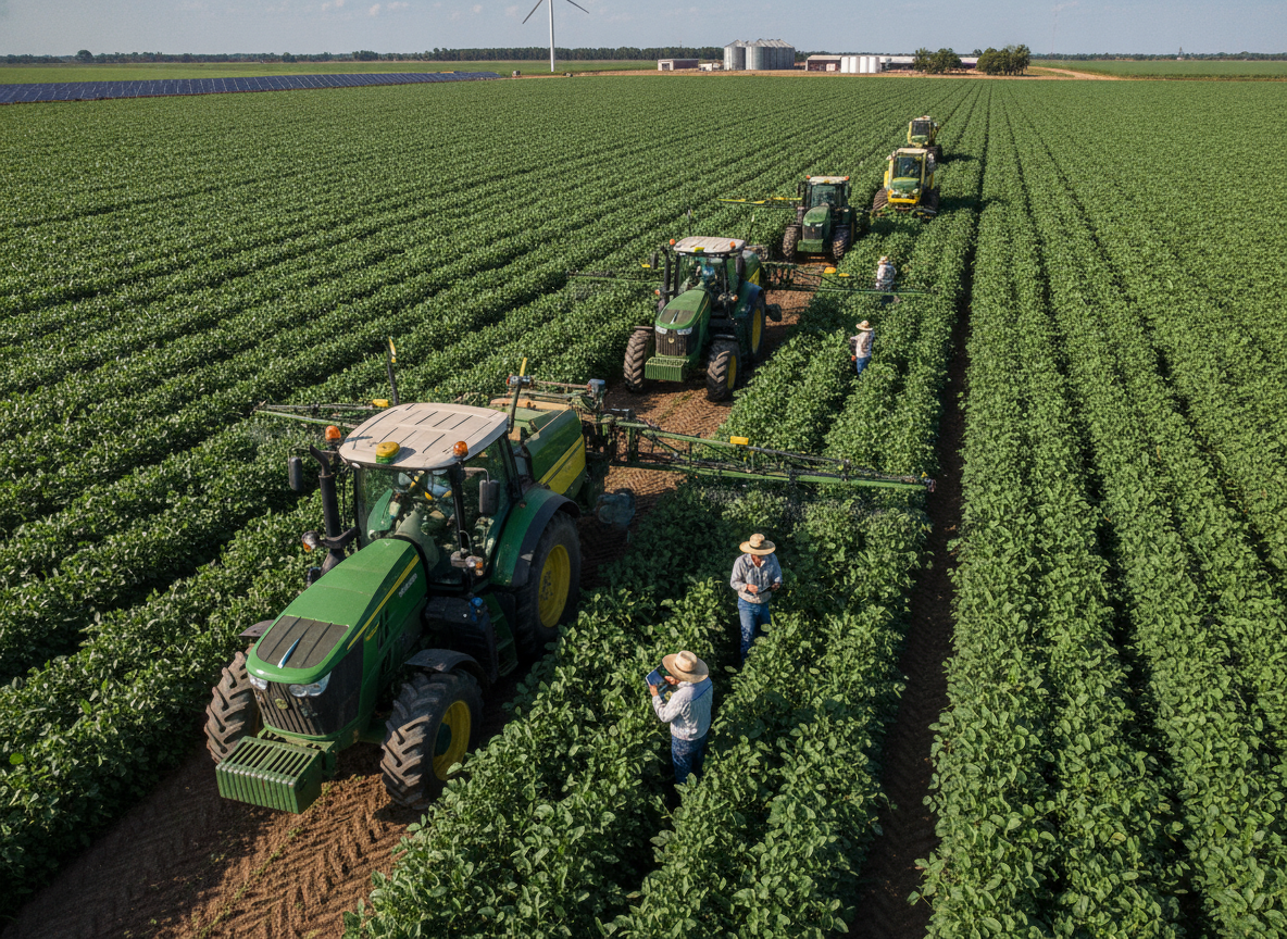 Tratores em linha cultivando soja em grande plantação | Imagine Company - Agência de Marketing e Vendas em Goiânia - GO - BRASIL