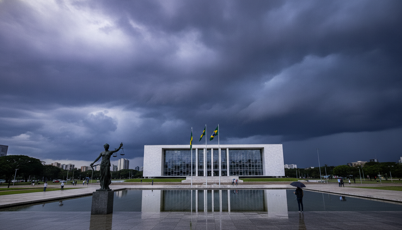 Supremo Tribunal Federal com céu nublado e estátua em destaque | Imagine Company - Agência de Marketing e Vendas em Goiânia - GO - BRASIL