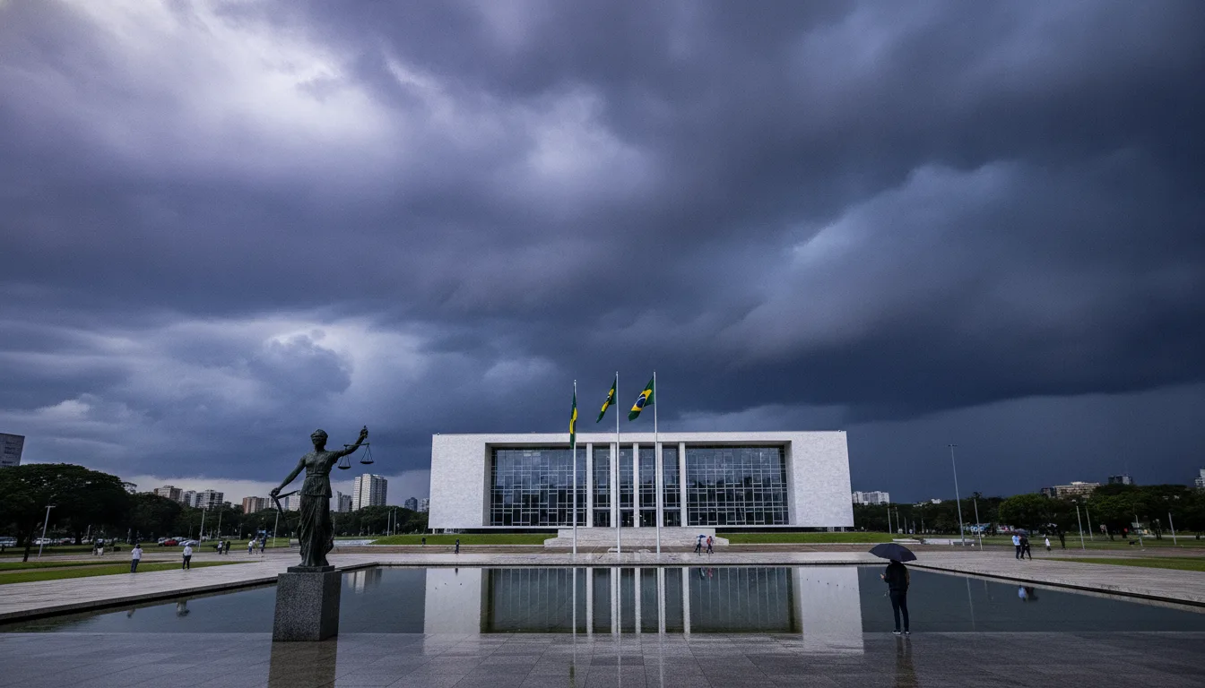 Supremo Tribunal Federal com céu nublado e estátua em destaque | Imagine Company - Agência de Marketing e Vendas em Goiânia - GO - BRASIL