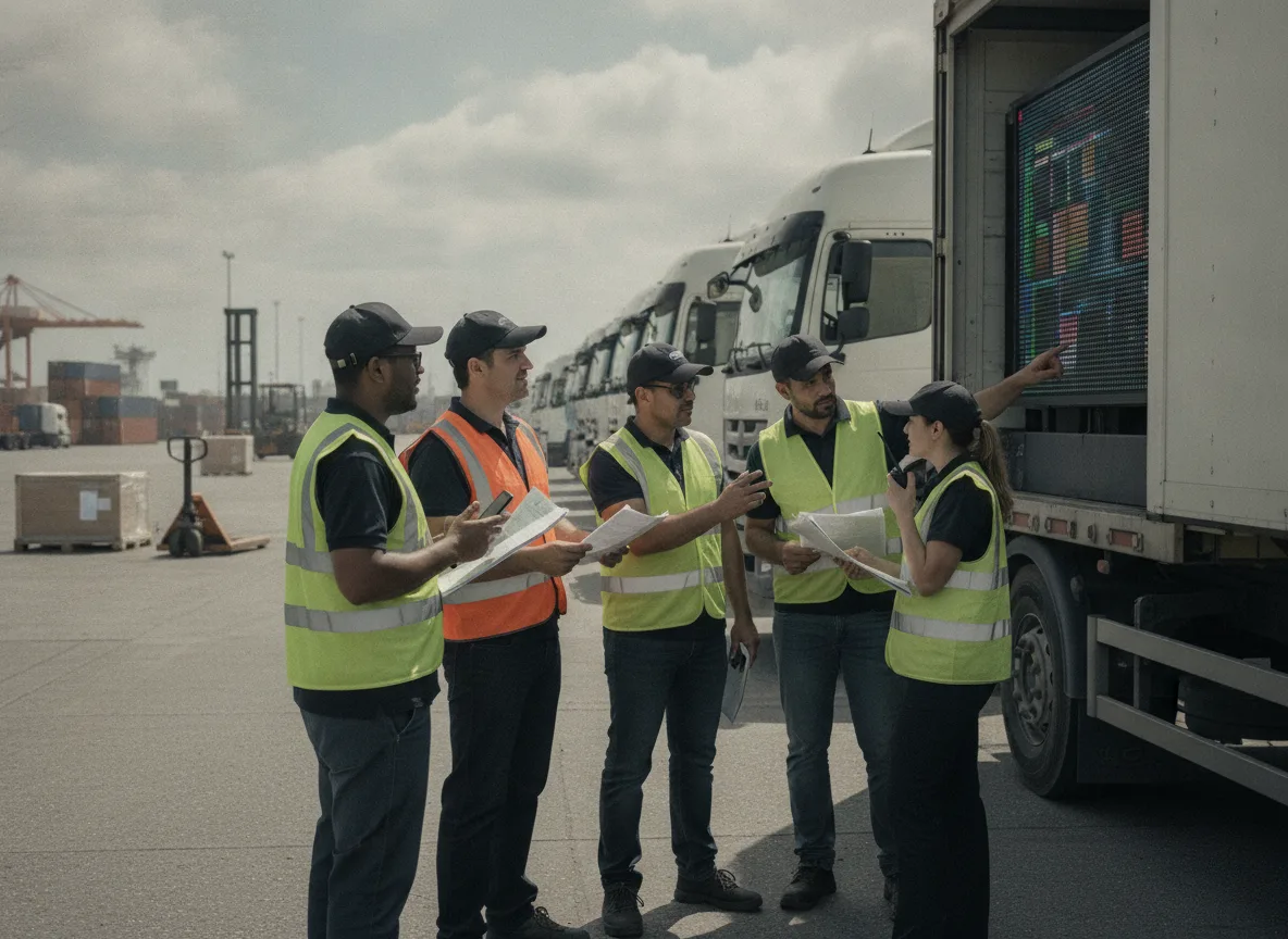 Grupo de trabalhadores de logística com coletes refletivos inspeciona carga de caminhão no porto | Imagine Company - Agência de Marketing e Vendas em Goiânia - GO - BRASIL