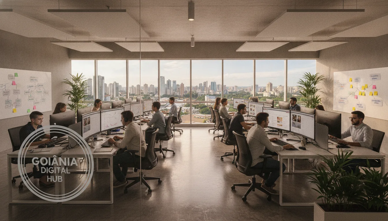 Profissionais em escritório moderno com computadores e vista para a cidade de Goiânia | Imagine Company - Agência de Marketing e Vendas em Goiânia - GO - BRASIL