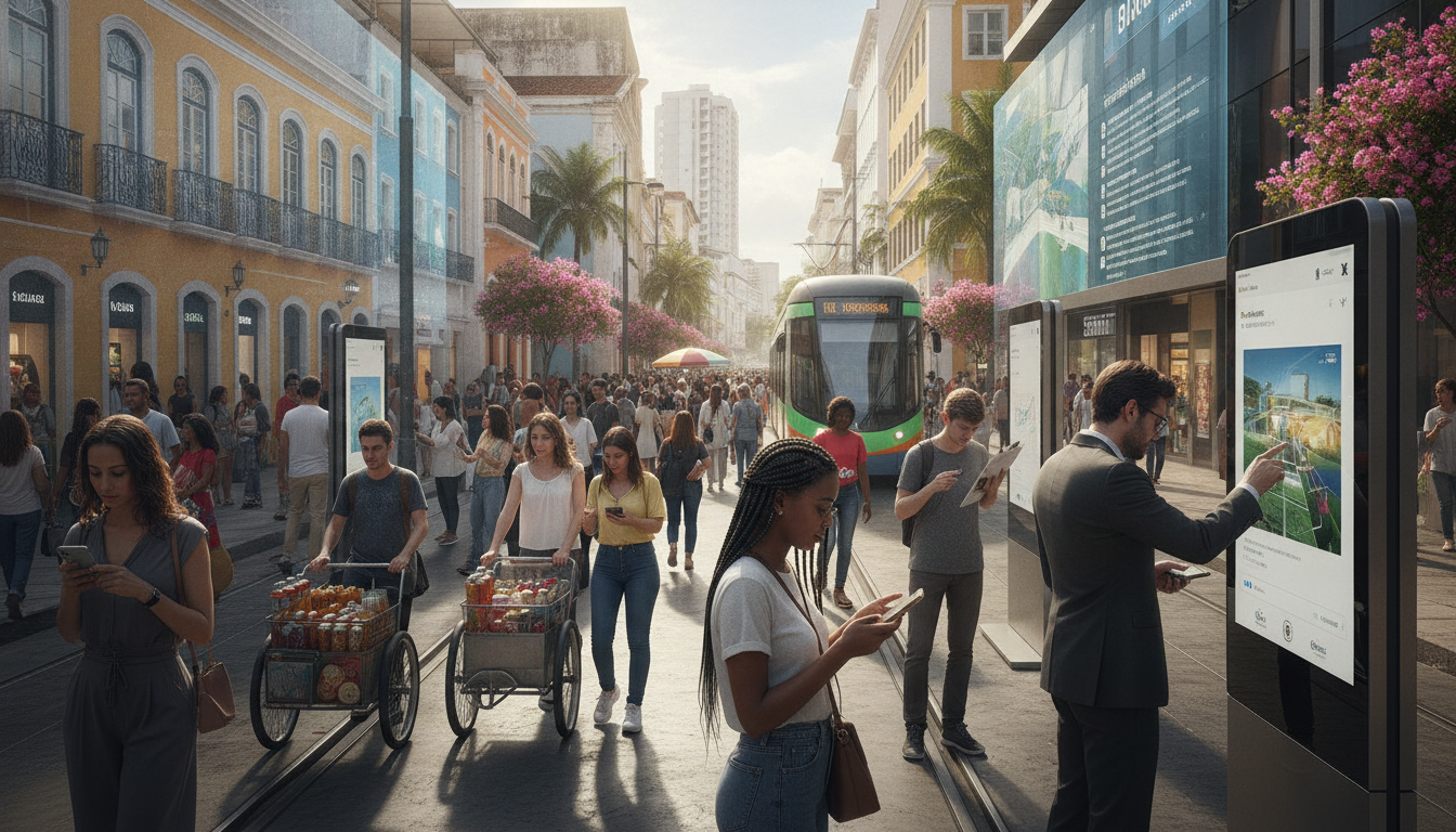 Pessoas caminhando em rua movimentada no Brasil, usando tecnologia | Imagine Company - Agência de Marketing e Vendas em Goiânia - GO - BRASIL