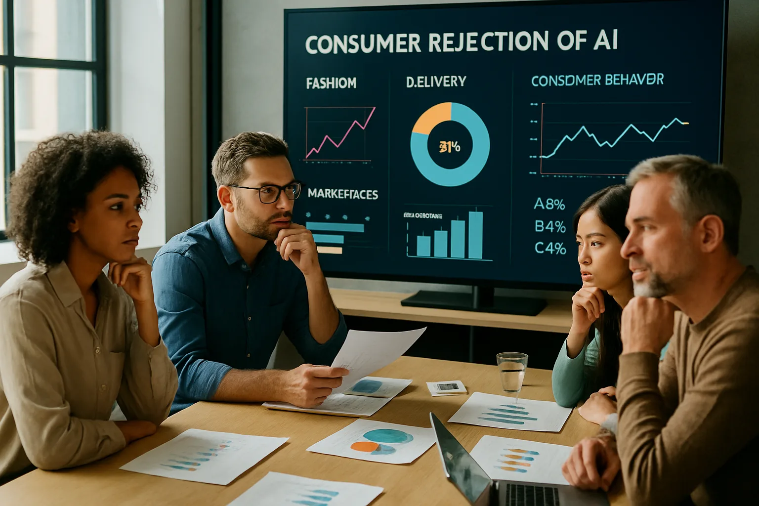 Grupo discutindo rejeição de IA em moda e delivery com gráficos em tela | Imagine Company - Agência de Marketing e Vendas em Goiânia - GO - BRASIL