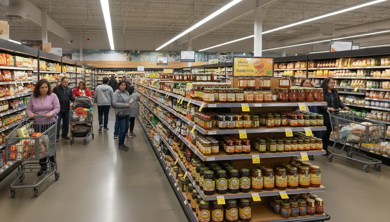 Clientes em supermercado nos EUA com prateleiras de mel brasileiro | Imagine Company - Agência de Marketing e Vendas em Goiânia - GO - BRASIL