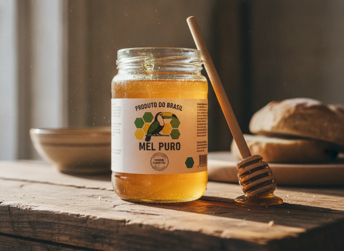 Pote de mel puro brasileiro com colher de madeira em mesa de madeira | Imagine Company - Agência de Marketing e Vendas em Goiânia - GO - BRASIL