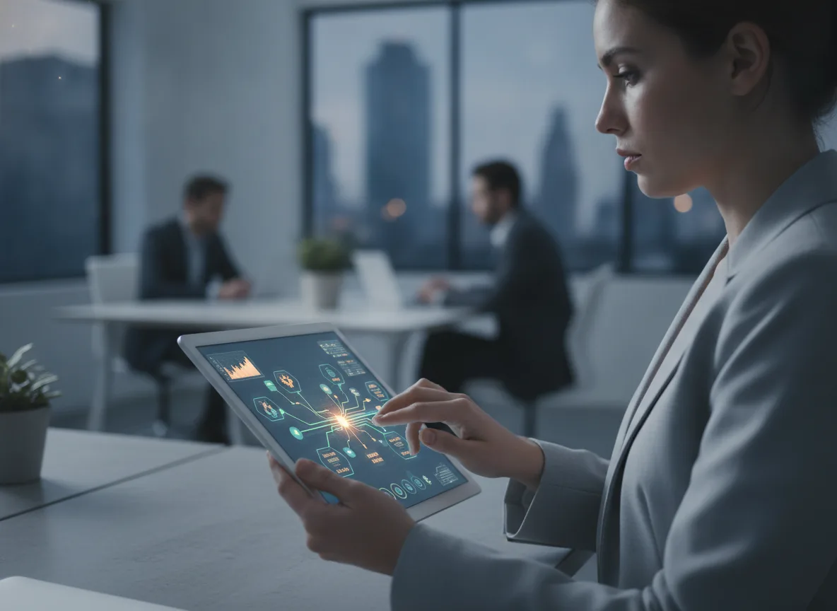 Mulher interagindo com gráficos em tablet em ambiente de escritório | Imagine Company - Agência de Marketing e Vendas em Goiânia - GO - BRASIL