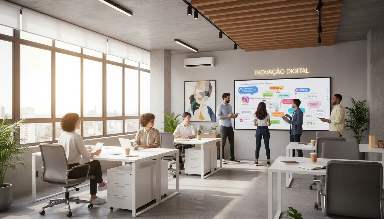 Pessoas em escritório moderno discutindo estratégias de conteúdo digital | Imagine Company - Agência de Marketing e Vendas em Goiânia - GO - BRASIL