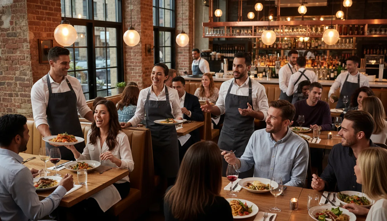 Garçons servindo clientes em restaurante movimentado e alegre | Imagine Company - Agência de Marketing e Vendas em Goiânia - GO - BRASIL