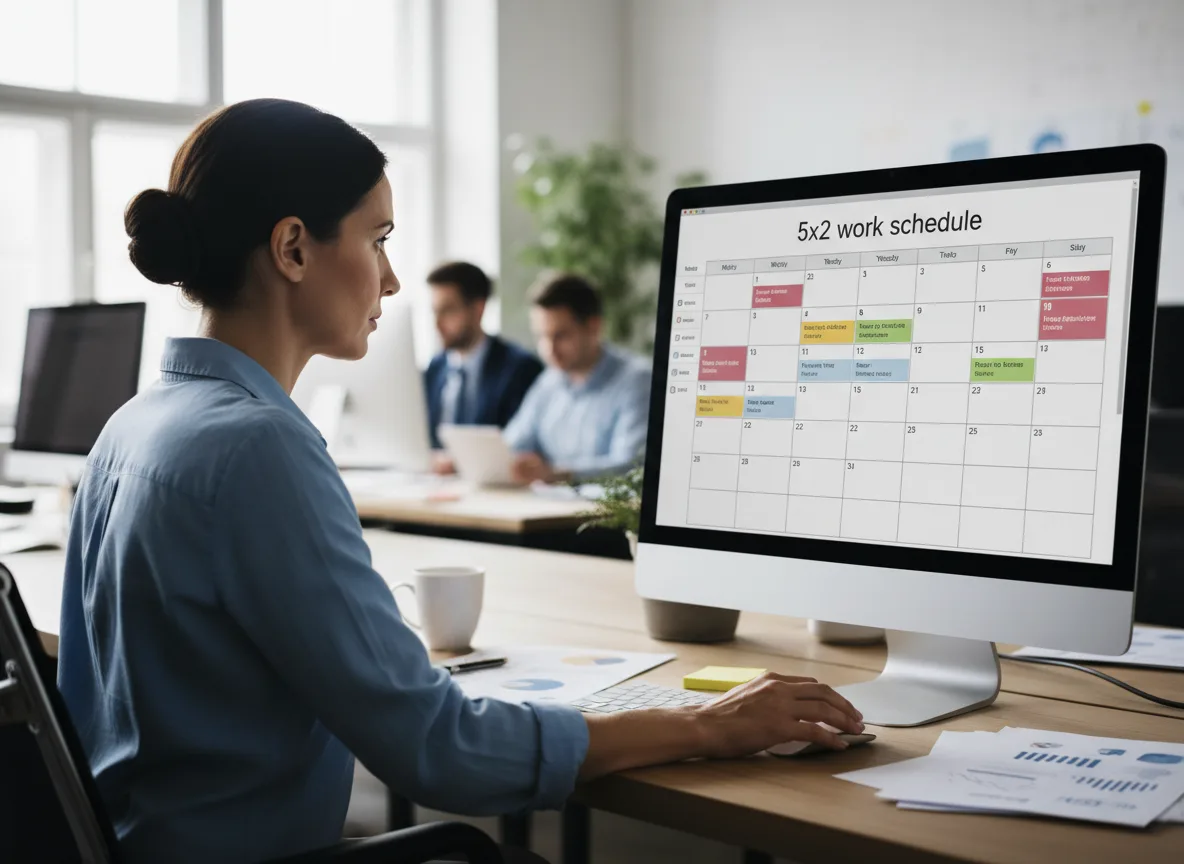 Mulher em escritório moderno analisa calendário de escala 5x2 no computador | Imagine Company - Agência de Marketing e Vendas em Goiânia - GO - BRASIL