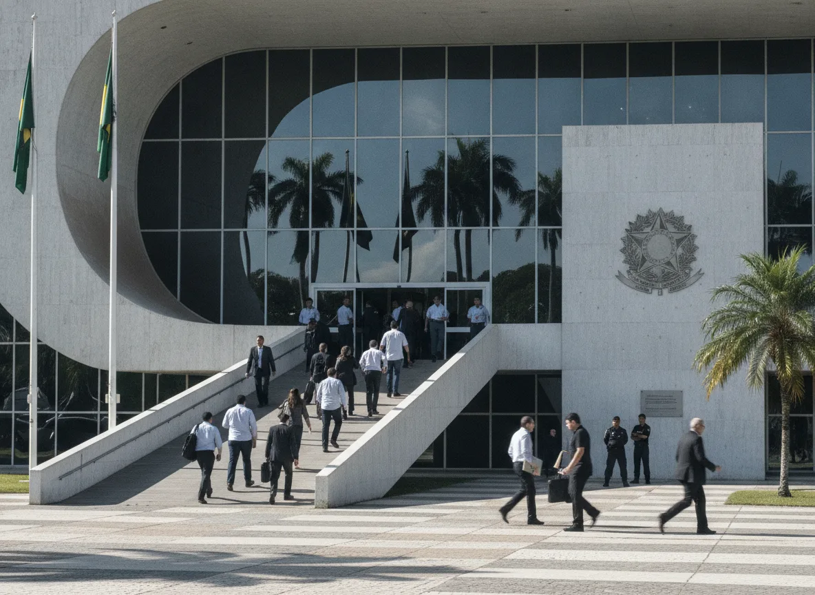 Pessoas entrando em prédio governamental com bandeiras do Brasil | Imagine Company - Agência de Marketing e Vendas em Goiânia - GO - BRASIL