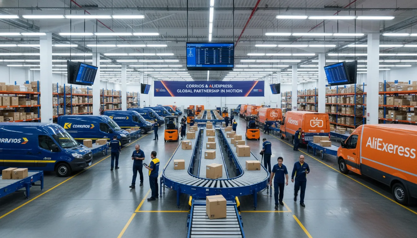 Centro logístico com vans dos Correios e AliExpress e esteiras de pacotes | Imagine Company - Agência de Marketing e Vendas em Goiânia - GO - BRASIL